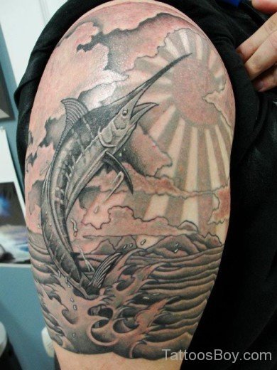 Sword Fish Tattoo On Shoulder