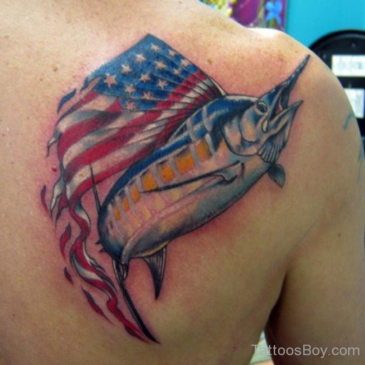 American Flag And Fish Tattoo On Back