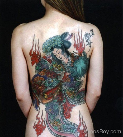 Awesome Geisha Girl Tattoo On Back