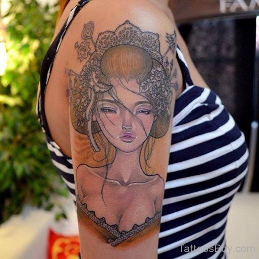 Black Geisha Girl Tattoo On Shoulder