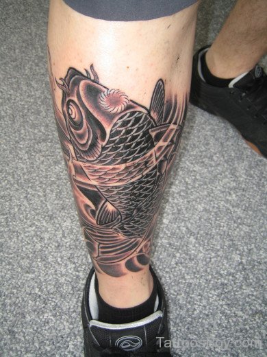 Black Koi Fish Tattoo On Leg