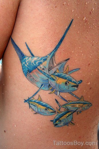 Blue Fish Tattoo On Rib