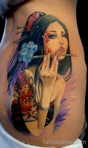 Colored Geisha Girl Tattoo On Rib