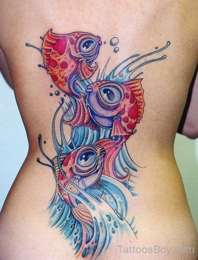 Colorful Fish Tattoo Design On BAck