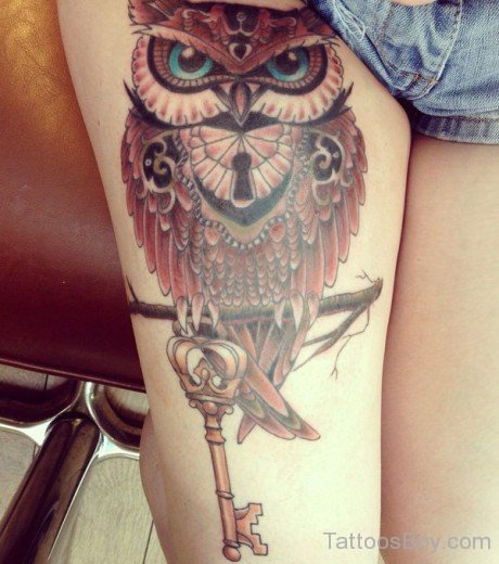 Colourful Owl Tattoo On Thigh