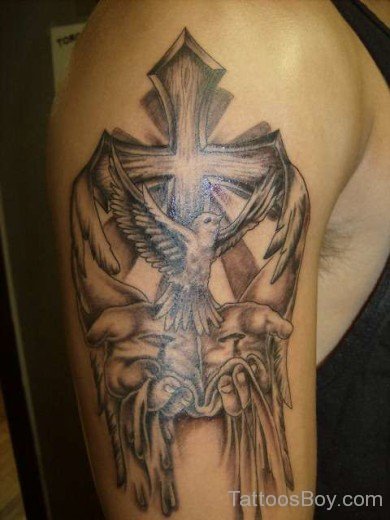 Cross And Dove Tattoo On Shoulder