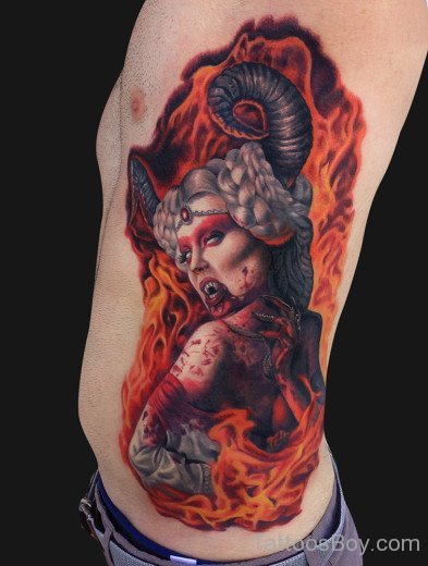Demoness Tattoo Deign On Rib