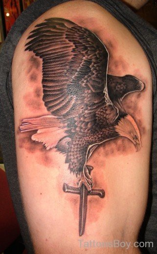 Eagle  And Cross Tattoo On Shoulder