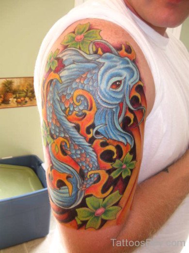 Fish And Flower Tattoo Design On Shoulder