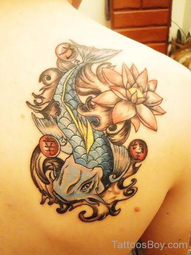 Fish And Lotus Tattoo On Back