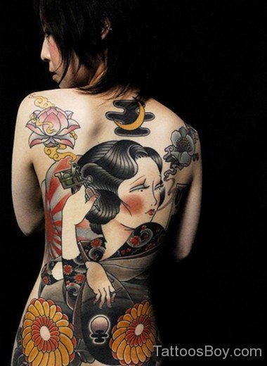Awesome Geisha Tattoo Design On Back
