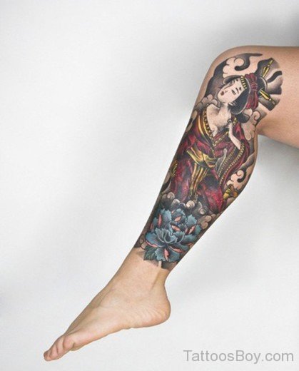 Geisha Girl Tattoo Design On Leg