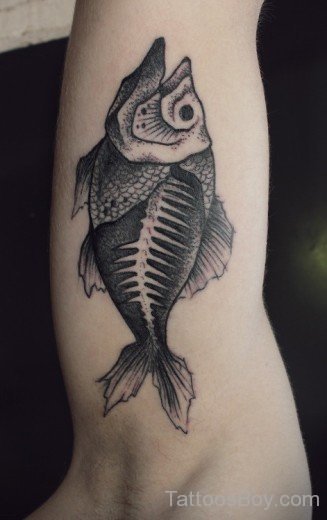 Grey Inked Fiish Tattoo Design On Bicep