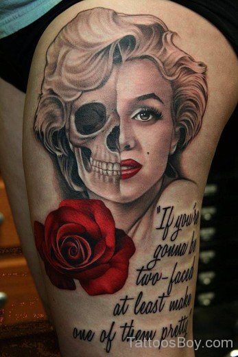 Skull And Flower Tattoo On Thigh 