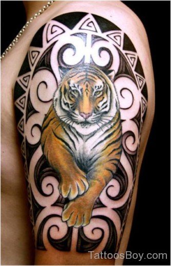 Tribal And Tiger Tattoo On Shoulder