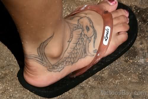 Grey Ink Fish Tattoo On Foot