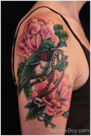 Bird And Flower Tattoo On shoulder-TD113