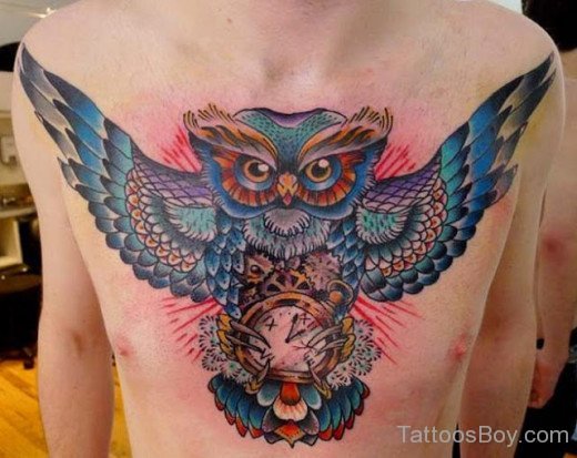 Colored Owl Tattoo Design On Chest-TD114