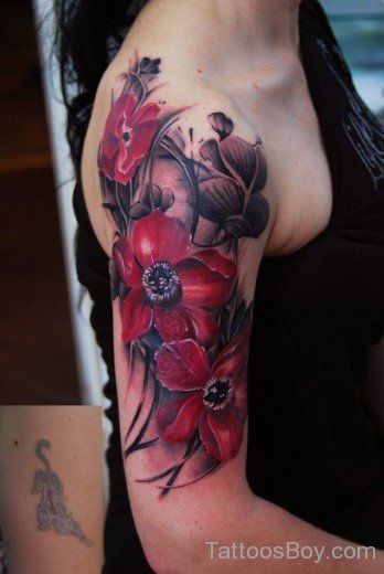 Colored Poppy Flower Tattoo On Bicep-TD113