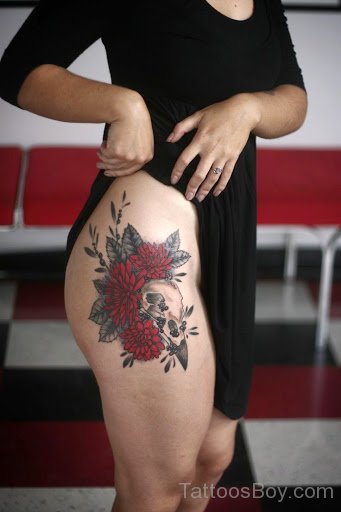 Flower And Skull Tattoo On Thigh-TD1100