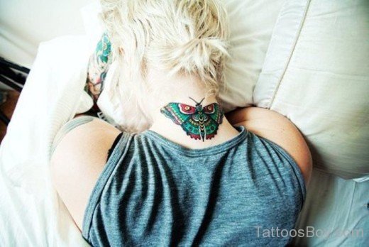 Green Butterfly Tattoo On Nape