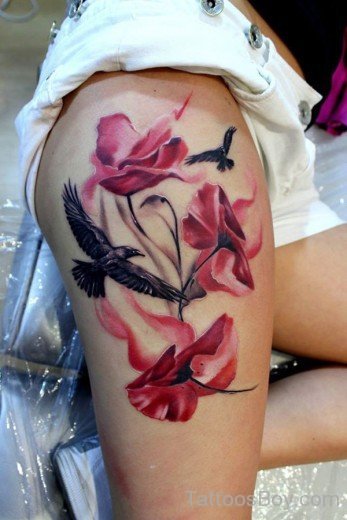 Poppy And Bird Tattoo On Thigh-TD122