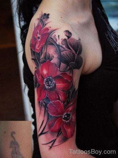Red Flower Tattoo On Half Sleeve-TD168