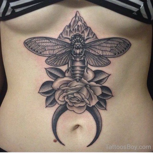 Rose And Bee Tattoo On Stomach-TD1145