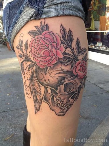 Rose Ans Skull Tattoo Design On Thigh-TD1146