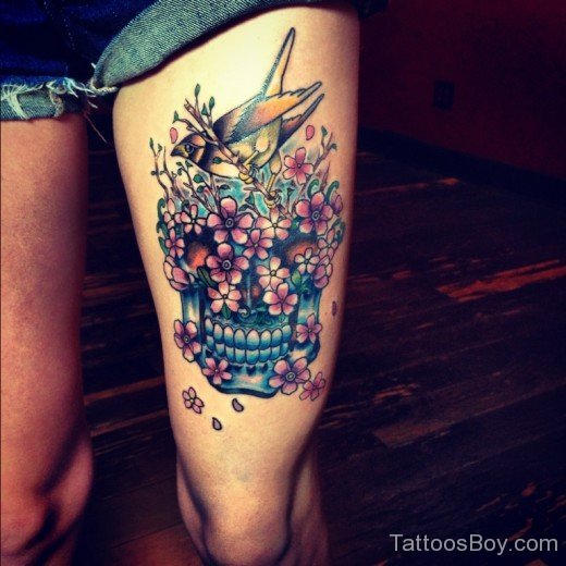 Attractive Skull Tattoo Design On Thigh