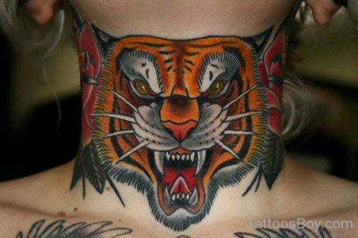 Attractive Tiger Tattoo On Neck