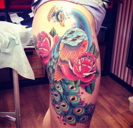 Colorful Peacock Tattoo On Thigh