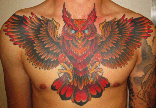 Flaming Owl  Tattoo On Chest