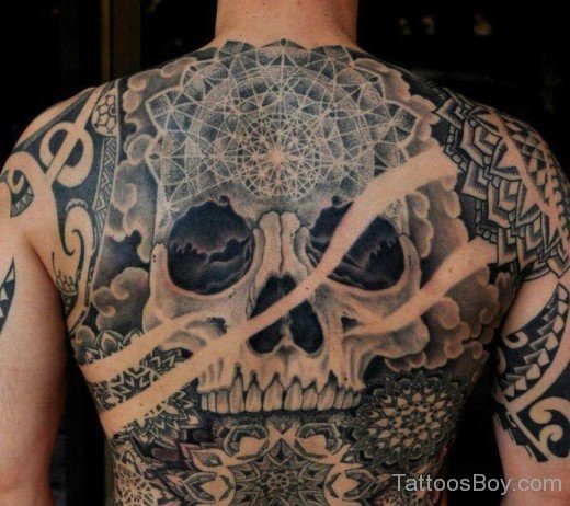 Grey Inked Skull Tattoo On Back