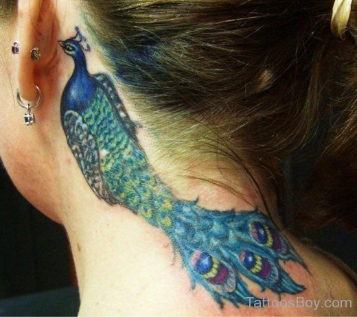 Peacock Tattoo On Behind Ear