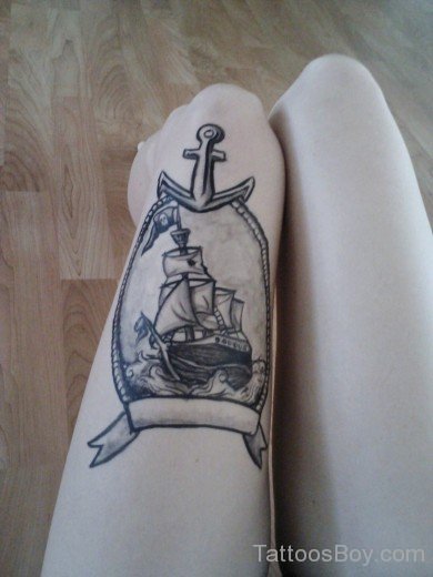 Pirate Ship Tattoo On Thigh