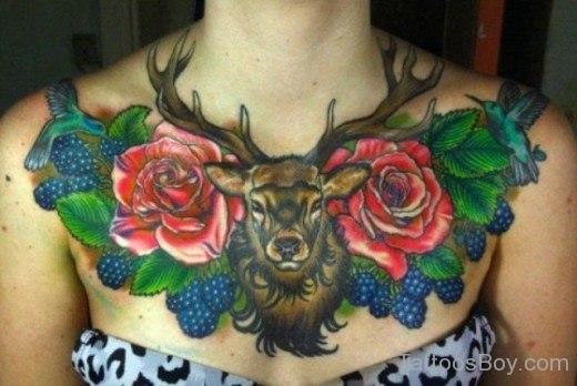 Deer And Rose Tattoo On Chest