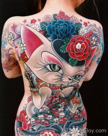 Cat And Rose Tattoo On Back 