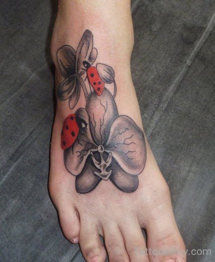 Flower And Ladybug Tattoo On Foot-TB1088