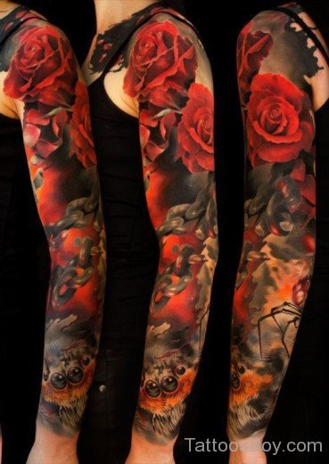 Rose Flower Tattoo On Full Sleeve 