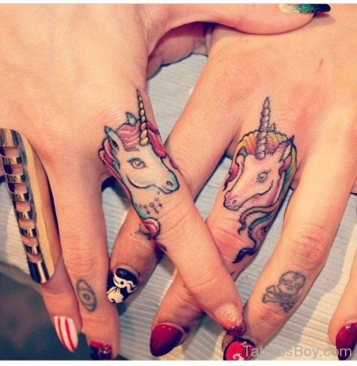 Colored Unicorn Tattoo On Finger 