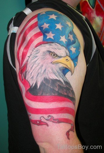 American Eagle And Flag Tatttoo on Shoulder