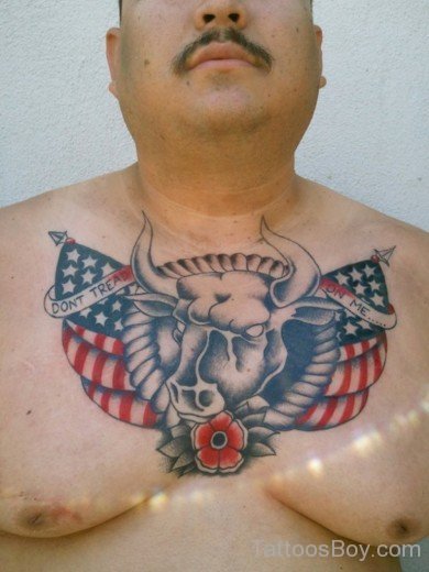 American Flag And Bull Tattoo On Chest 