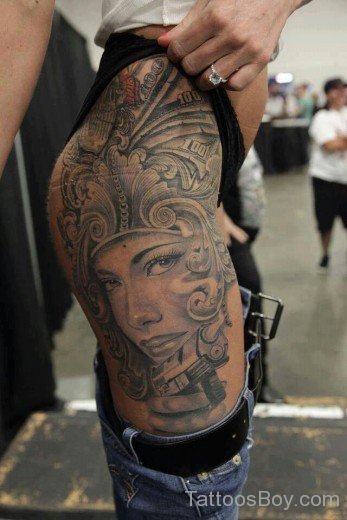 Aztec Girl Tattoo On Thigh