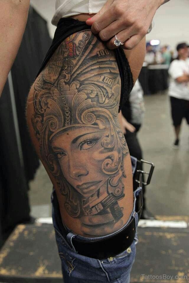 Aztec Girl Tattoo On Thigh