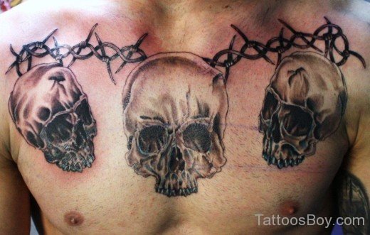 Barbed Wire And Skull  Tattoo On Chest