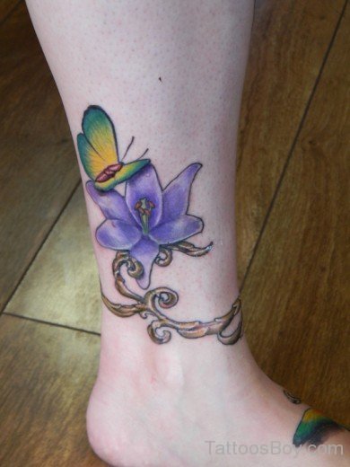 Blue Floral Tattoo On Ankle