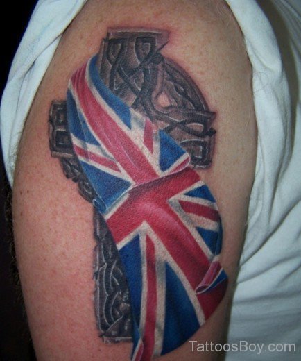 British Flag And Cross Tattoo On Shoulder