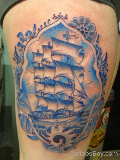  Ship Tattoo On Thigh