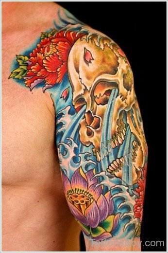 Colored Skull Tattoo On Shoulder